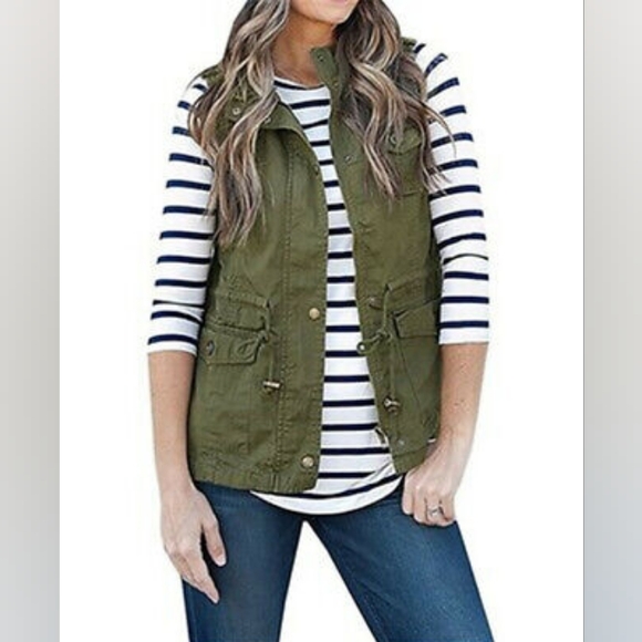 NEW LOOK Military Utility Hood Sleeveless Drawstring Distress Cargo Jacket EUC - Picture 3 of 13